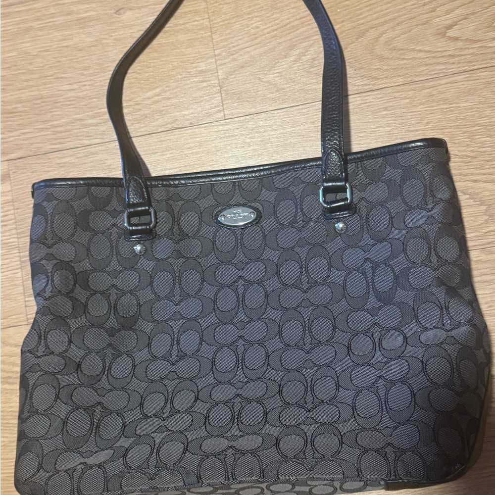 Coach Black Monogram Tote with Leather Straps